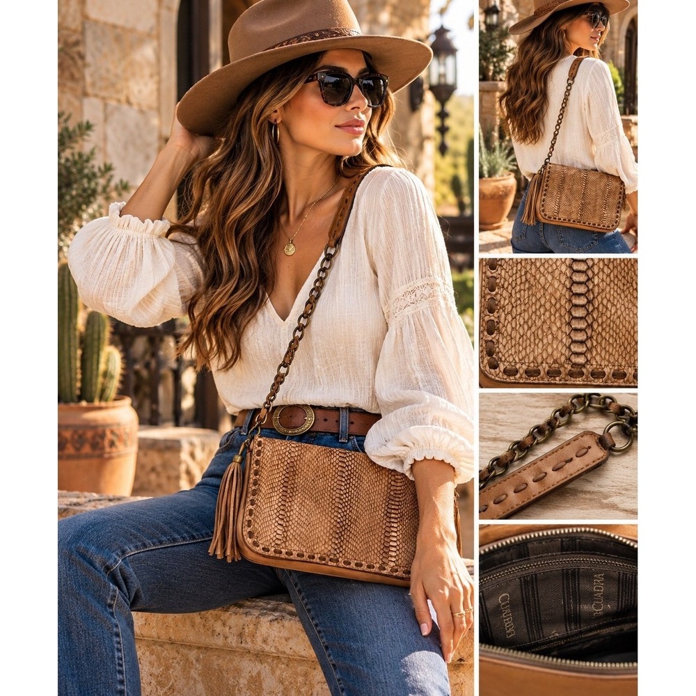 Cuadra Genuine Snake Skin Cowhide Leather Shoulder Bag Western Boho Brown